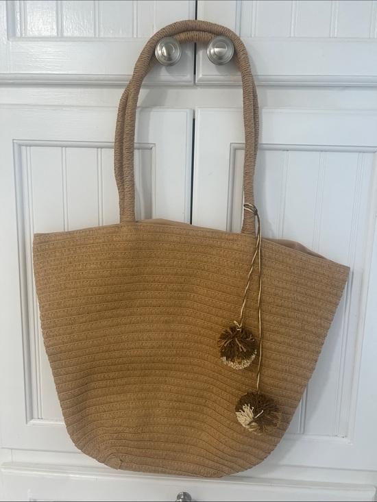 Handbags - Tan Straw Tote Bag with Pom Pom Accents - Women Bags